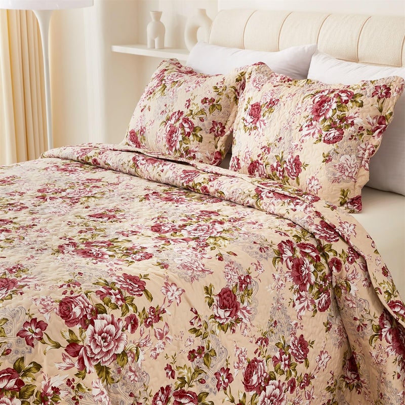 Cmfshape Summer Floral King Quilted Bedspread Romantic Red Quilt Set Reversible Stitched Bedding Cover All Season Soft Lightweight Coverlet with Pillow Cases (Red Rose  King(102""x90"")) - Image 1